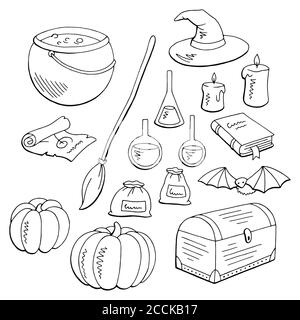 Witch set graphic black white isolated sketch illustration vector Stock Vector