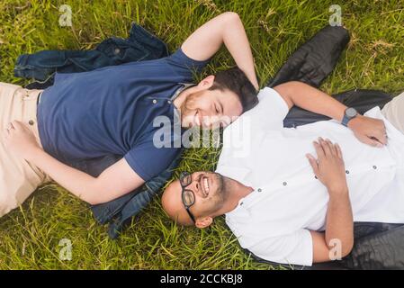 Cheerful gay couple relaxing on grassy land in park Stock Photo