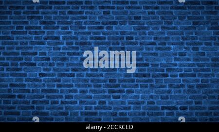 A panoramic view of an aged blue brick wall texture with vignette. Stock Photo