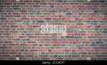 A panoramic view of an aged brick wall texture with vignette. Stock Photo
