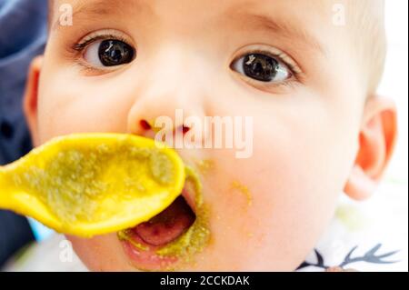 Portrait of baby boy eating, father holding spoon