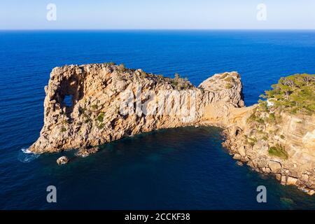 Spain, Mallorca, Deia, Drone view of Sa Foradada peninsula in summer Stock Photo