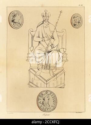 Portrait and coins of Pepin the Short (714-768), King of the Franks, first Carolingian king. Pipinus Imperator. Pepin. Tinted lithograph by Villain after an illustration by Horace de Viel-Castel from his Collection des costumes, armes et meubles pour servir à l'histoire de la France (Collection of costumes, weapons and furniture to be used in the history of France), Treuttel & Wurtz, Bossange, 1827. Stock Photo