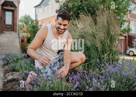 Man gardening in his front lawn Stock Photo