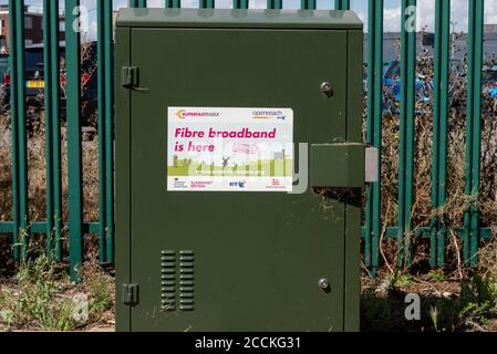 BT Fibre broadband is here sticker on a telephone junction box Stock ...
