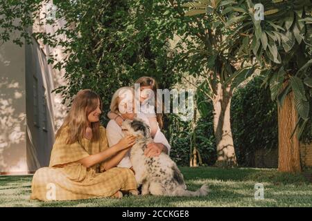 Multi-generation family playing with dog on grassy land against plants in yard Stock Photo