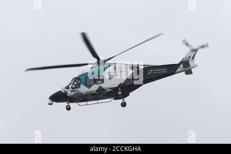 Kent Surrey and Sussex Air Ambulance Helicopter flying over Brighton August 23, 2020 Stock Photo