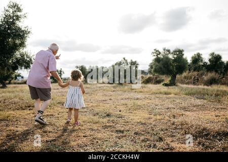 Grandfather with granddaughter walking on grassy land against sky Stock Photo