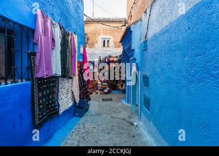 Various goods for sale at market in Chefchaouen, Morocco Stock Photo