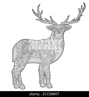 Beautiful adult coloring book page with stylized deer on white background Stock Vector