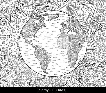 Beautiful adult coloring book page with stylized planet earth Stock Vector