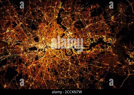 LONDON city lights map at night. Satellite view. Aerial view of London. Global communications and networking. Cyberspace in big city. Satellite view Stock Photo
