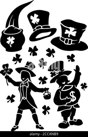 Set for Saint Patricks day with black leprechaun silhouettes beautiful hats and clover leaves Stock Vector