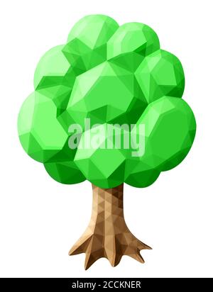 Beautiful low poly art with green oak tree on white background Stock Vector