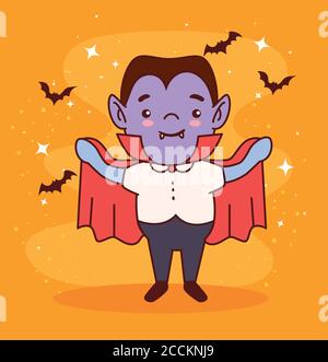 boy disguised of count dracula for happy halloween celebration with bats flying Stock Vector