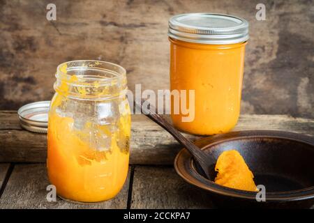 Jars of homemade pumpkin puree Stock Photo
