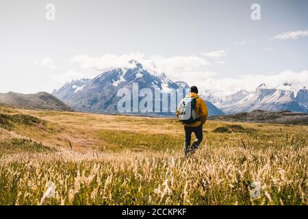 Man with backpack hiking at Torres Del Paine National Park in Patagonia, South  America Stock Photo - Alamy
