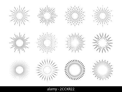 Vector Collection of Retro Light Rays, Isolated on White Black Outline , Vintage Sketch Design Elements Collection. Stock Vector