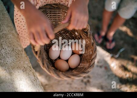 Girl holding basket of eggs in chicken farm Stock Photo