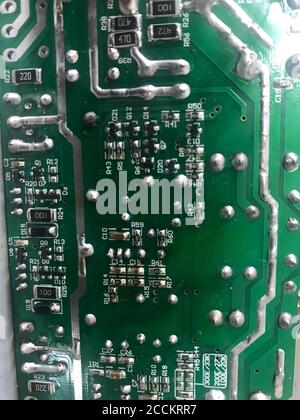 Microcircuit electronic technology science engineering industry computer. Digital chip equipment component motherboard macro Stock Photo
