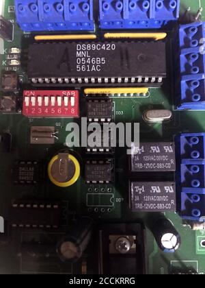 Microcircuit electronic technology science engineering industry computer. Digital chip equipment component motherboard macro Stock Photo