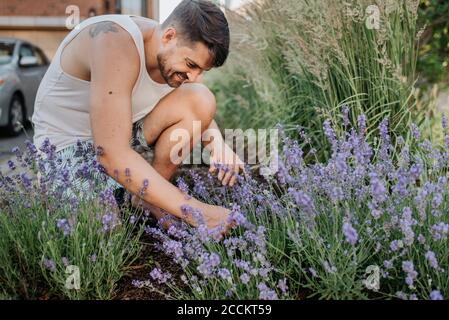 Man gardening in his front lawn Stock Photo