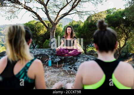 Women practicing yoga with instructor in forest Stock Photo