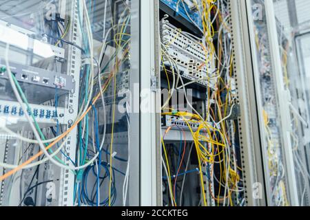 Close-up of cables in computer equipment at data center Stock Photo