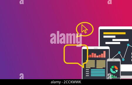 Seo (search engine optimization) concept vector flat illustration. Analysis service on computer, tablet and smartphone. Stock Vector