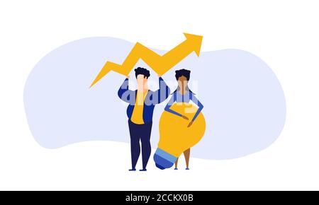 Business analytics in cloud arrow vector leadership company. People challenge teamwork up. Flat job marketing concept illustration. Growth with rocket Stock Vector