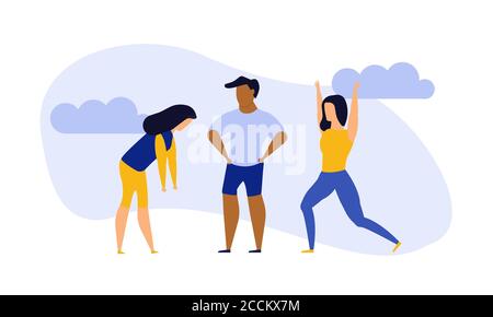 Achievement exercise flat health body mind vector concept illustration. Office multitasking posture person. Sport fitness cartoon background. Lifestyl Stock Vector