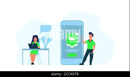 People using online appointment app internet technology mobile concept vector illustration. Woman and man with smartphone business communication appli Stock Vector