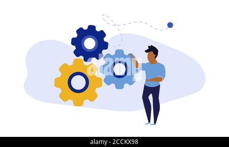 Employee leader building virtual business in action illustration. Career success development grow vector allocation. Future forward teamwork character Stock Vector