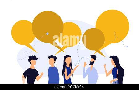 People chat talk dialogue vector communicate illustration teamwork. Network speech bubble community conversation concept. Character discussion connect Stock Vector