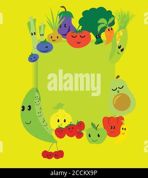 Cartoon vector kawaii cute and funny fruits and veg, characters on a poster on green background with copyspace Stock Photo