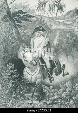 Putnam’s escape at Horse Neck. During the Revolutionary War, at the Battle of Horse Neck, General Israel Putnam made a daring escape (seen here) from the British on February 26, 1779. Although British forces pillaged the town, Putnam was able to warn Stamford. The general's tricorn hat, with a bullet hole piercing its side, is displayed at 'Putnam's cottage', the tavern belonging to Israel Knapp, where Putnam stayed the night before his famous ride. Stock Photo