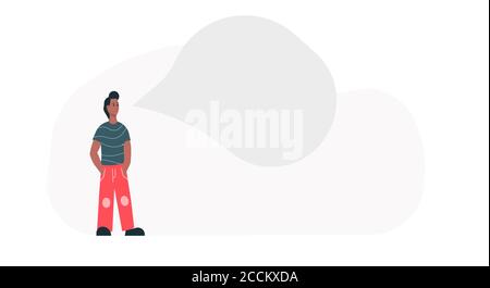 Thinking afro american man with business idea concept vector illustration. Adult cartoon man think and confused question solution. Character in job wi Stock Vector