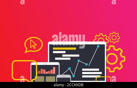 Seo (search engine optimization) concept vector flat illustration. Analysis service on computer, tablet and smartphone. Stock Vector