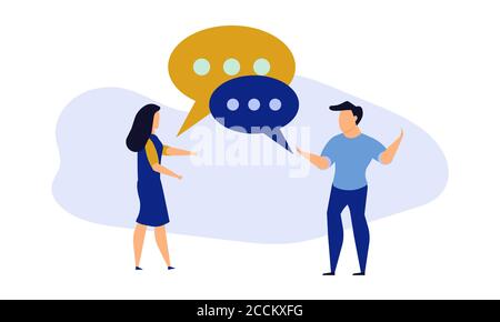 Business people social dialogue man and woman. Speech bubble chat goal discuss person vector illustration character concept cartoon. Communication tal Stock Vector