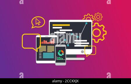 Seo (search engine optimization) concept vector flat illustration. Analysis service on computer, tablet and smartphone. Stock Vector
