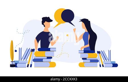 Vector person communication with woman and man concept illustration. Social network media connection people with technology chat. Teamwork bubble comm Stock Vector