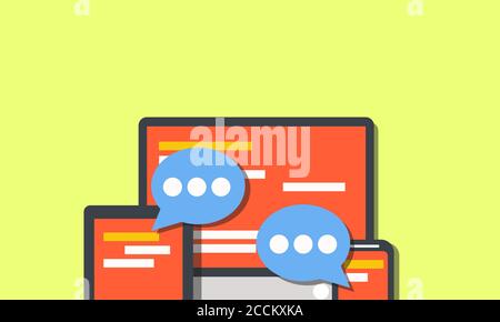 Social media concept vector flat illustration design. Community online on computer, tablet or smartphone. Stock Vector