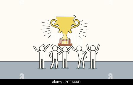 Business team success vector reward illustration win. Employee award flat people victory design. Happy prize trophy leader person. Champion cup missio Stock Vector