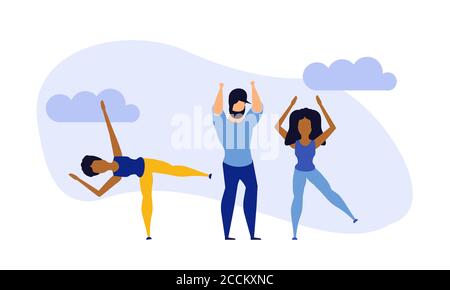 Achievement exercise flat health body mind vector concept illustration. Office multitasking posture person. Sport fitness cartoon background. Lifestyl Stock Vector