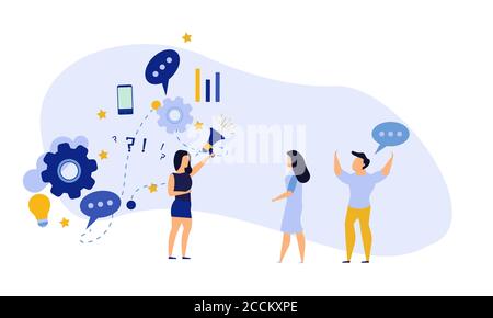 People announce advertising with megaphone vector illustration. Awareness focus loud speaker man and woman. Business banner marketing group media. Spe Stock Vector