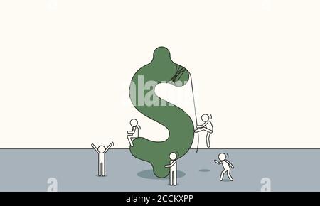 Doodle dollar sign sketch success. Little stick people vector illustration money currency wealth concept. Character work with communication company Stock Vector