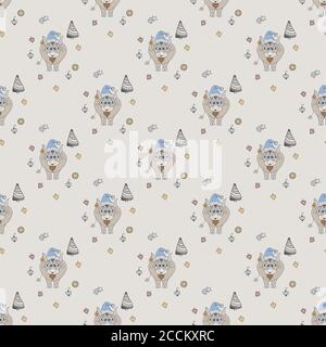 New year seamless pattern. Pattern with the symbol of 2021 - a cute bull in New Years clothes with a Christmas tree and toys on a light pastel Stock Vector