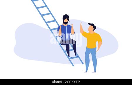 Employee leader building virtual business in action illustration. Career success development grow vector allocation. Future forward teamwork character Stock Vector