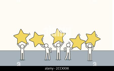 Doodle sketch customer review five star people rating feedback. Business concept satisfaction illustration service flat person. Quality opinion client Stock Vector
