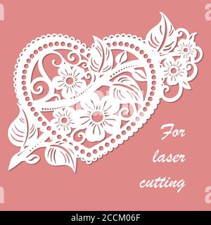 Openwork heart with a flowering branch. Template for laser cutting. For cutting from any materials. Element of instructions, scam, needle, menu, inter Stock Vector
